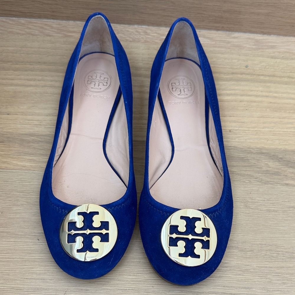 Tory Burch Royal Blue Suede Logo Ballet Flats with Gold Emblem